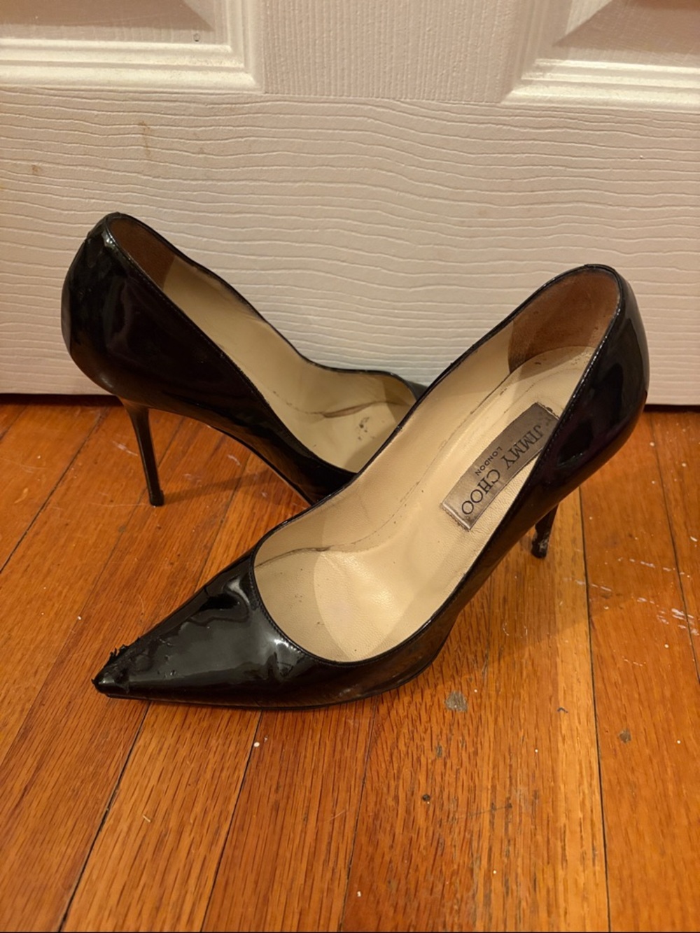 Jimmy Choo Women's Black Patent Leather Pointed-Toe Pumps with puppy damage!!